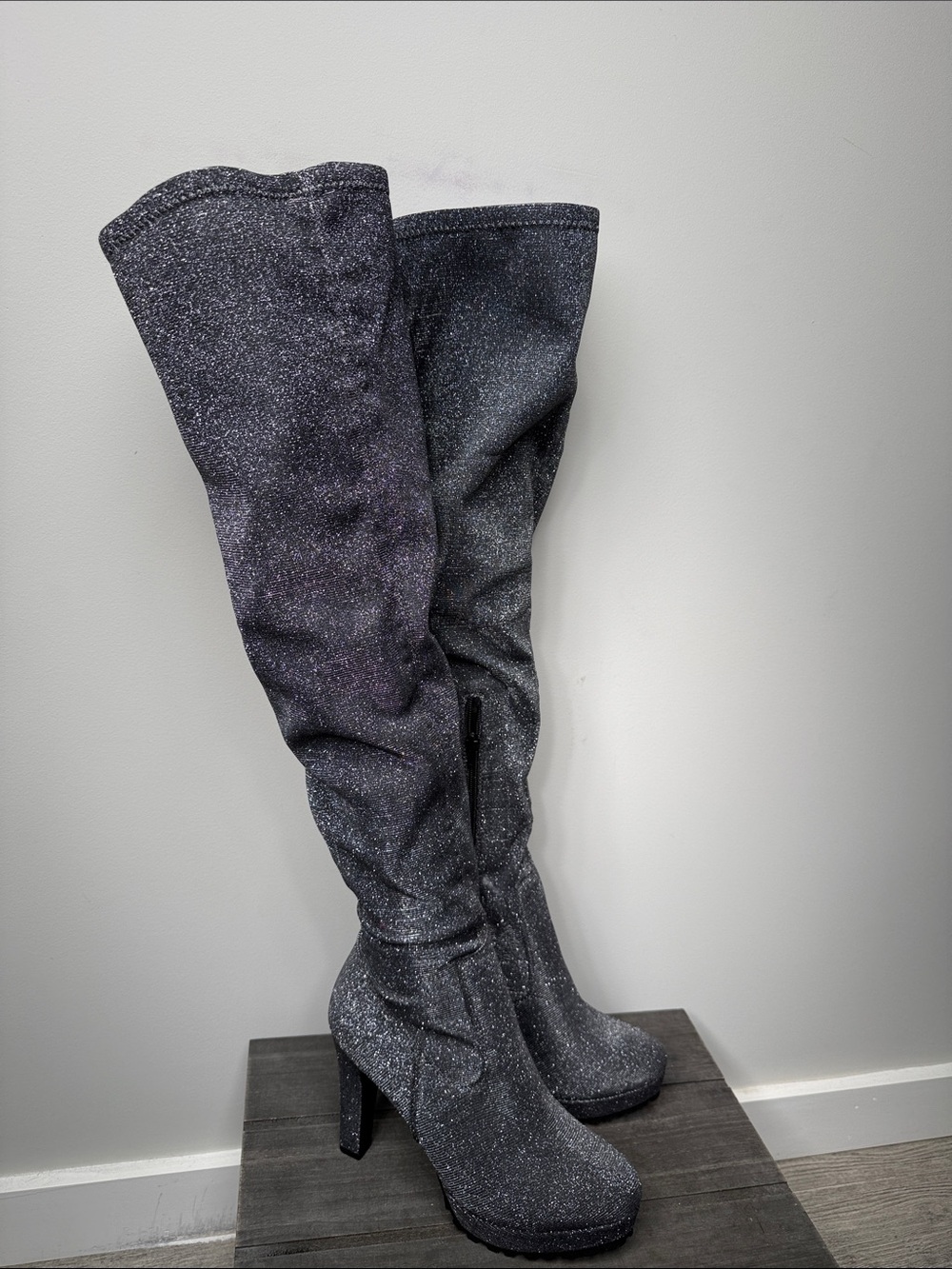 Shoe Dazzle Black Glitter Over-the-Knee Heeled Boots NWOT